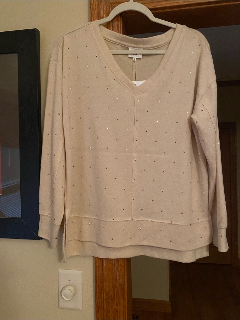 V-Neck Studded Women's Sweater in beige